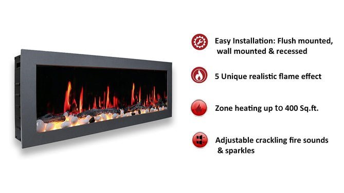 Litedeer Homes Gloria II 58" Smart Electric Fireplace with App Driftwood Log & River Rock - ZEF58VS, Silver - Terrace Level