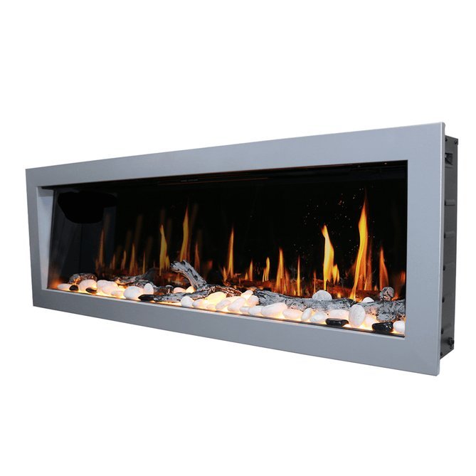Litedeer Homes Gloria II 58" Smart Electric Fireplace with App Driftwood Log & River Rock - ZEF58VS, Silver - Terrace Level