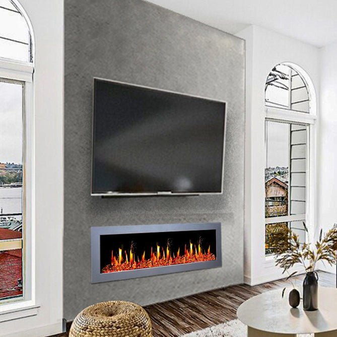 Litedeer Homes Gloria II 58" Smart Electric Fireplace with App Driftwood Log & River Rock - ZEF58VS, Silver - Terrace Level