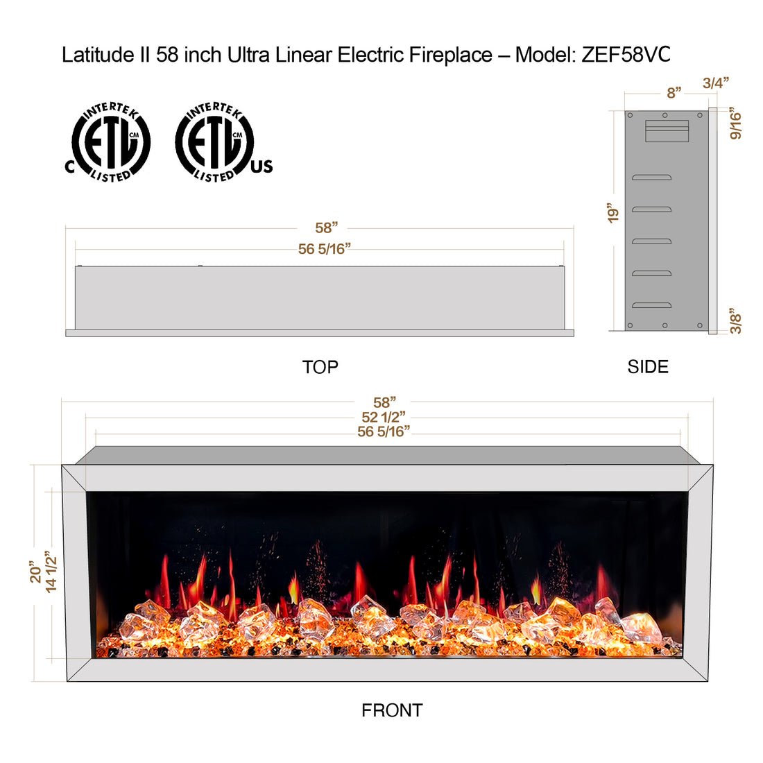 Litedeer Homes Latitude II 58" Seamless Push - in Electric Fireplace - ZEF58V - Terrace Level