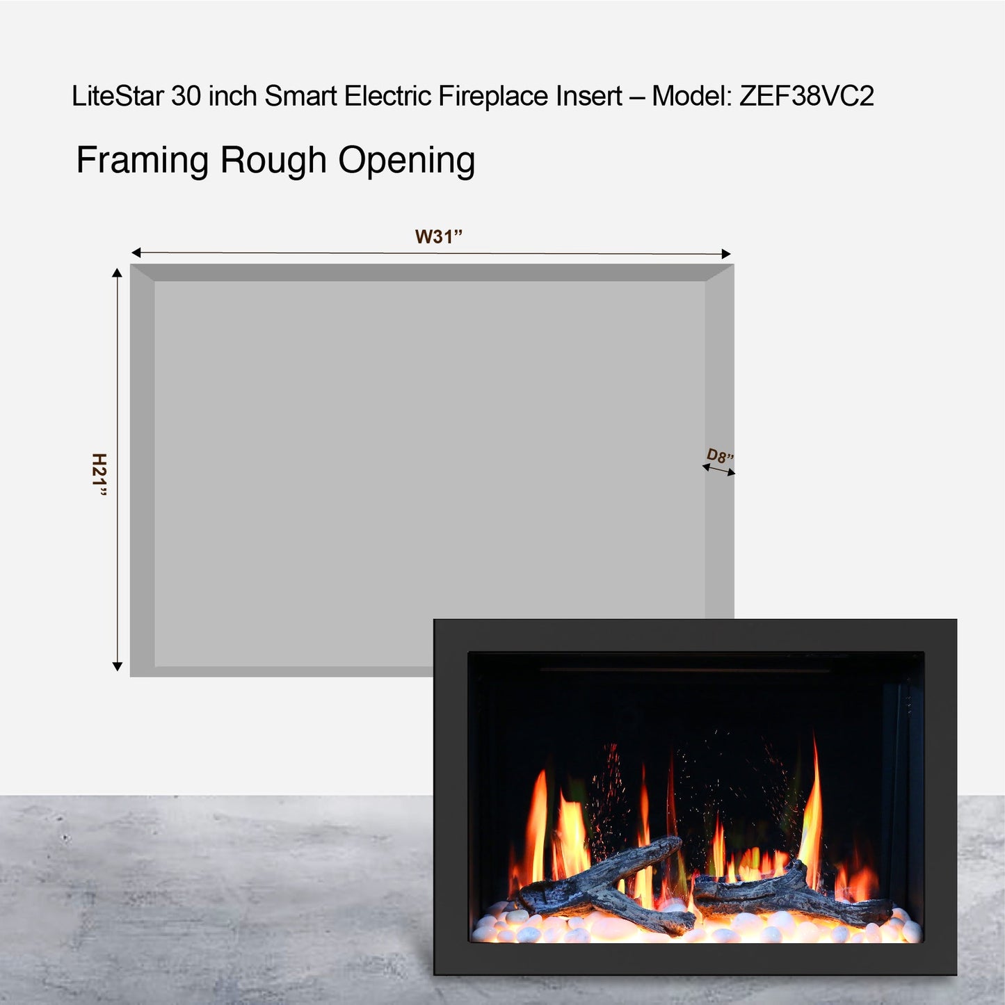 Litedeer Homes LiteStar 30 Inch 7/8 Inch Smart Electric Fireplace Inserts Black - ZEF38VCII - Terrace Level