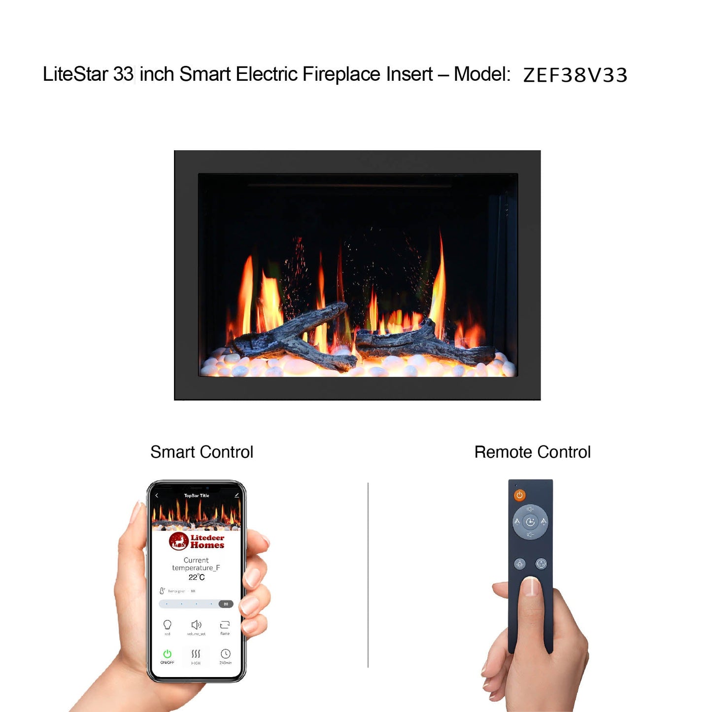 Litedeer Homes LiteStar 33 - inch Smart Electric Fireplace Insert - ZEF38VC - 33 - Terrace Level