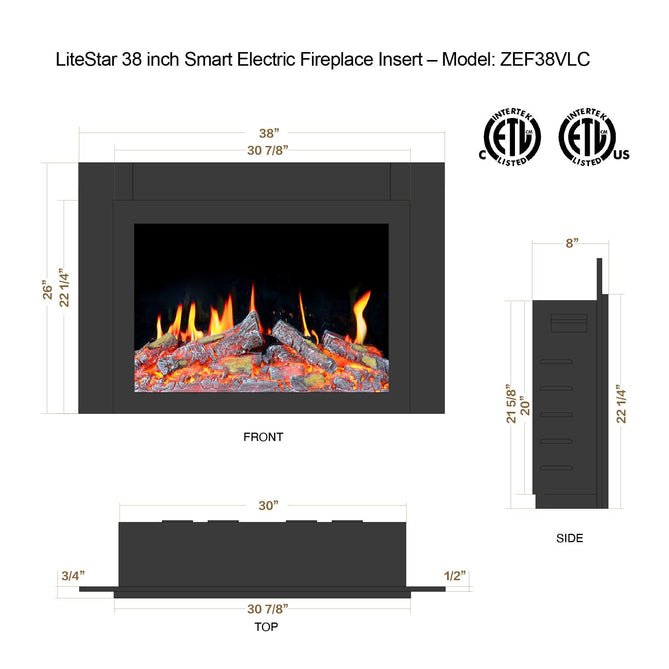 LiteStar 38 - in Wall Mounted Electric Fireplace Insert with Smart App 5 Unique Flame Crackling Sounds - ZEF38VC,Black - Terrace Level