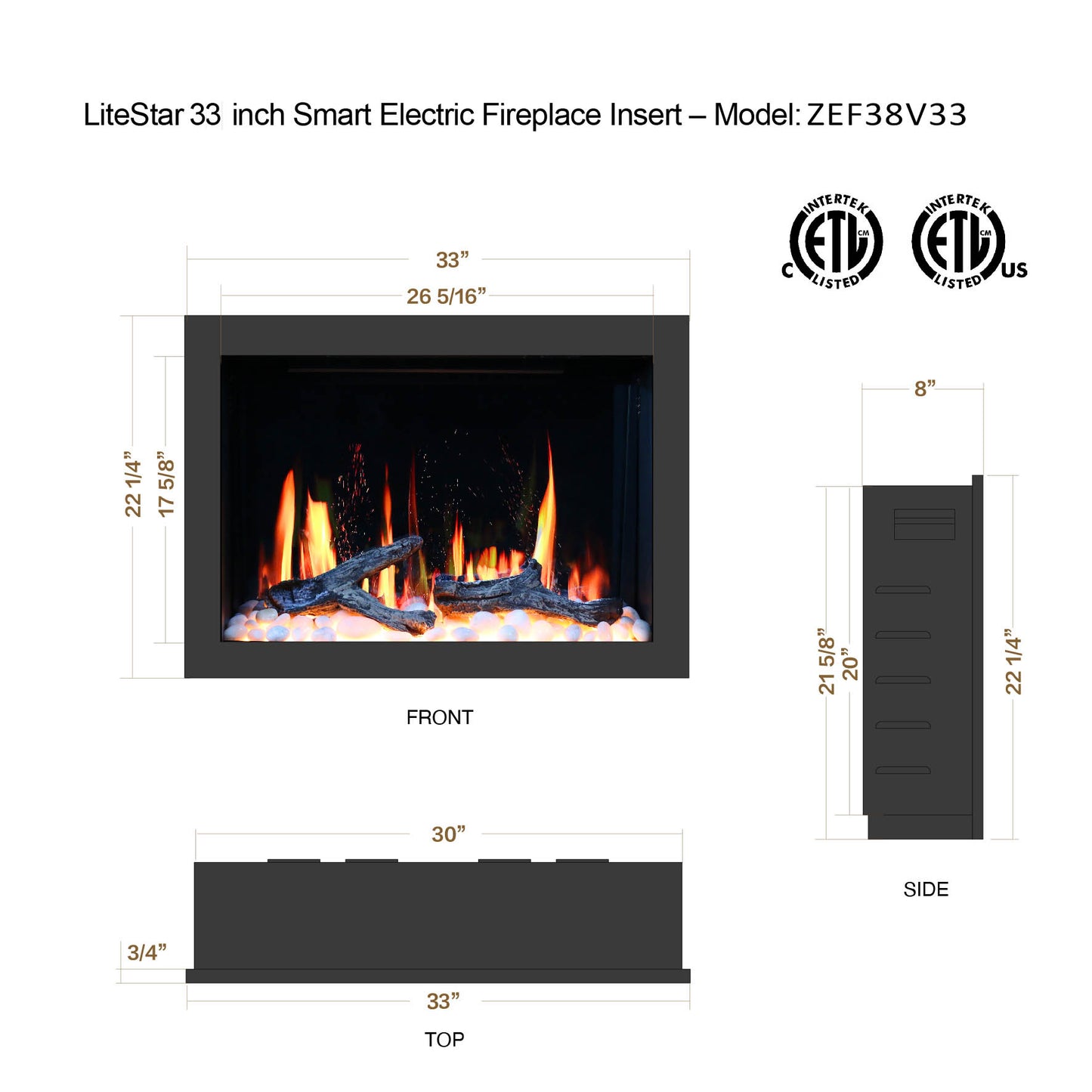 LiteStar 33" Smart Electric Fireplace Insert with App Driftwood Logs & River Rock (ZEF38VC-33)