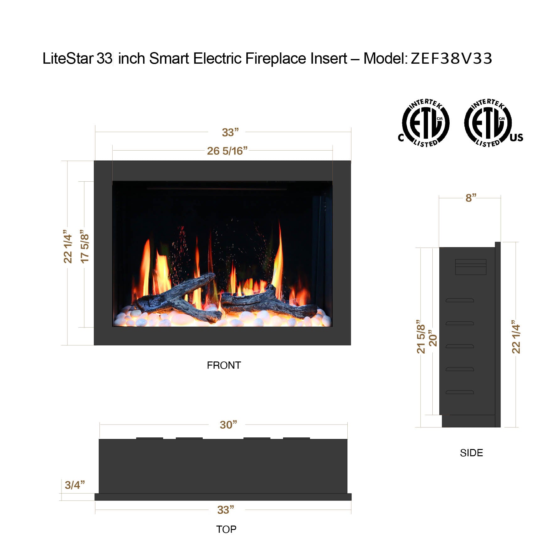 LiteStar 33" Smart Electric Fireplace Insert with App Driftwood Logs & River Rock (ZEF38VC-33)