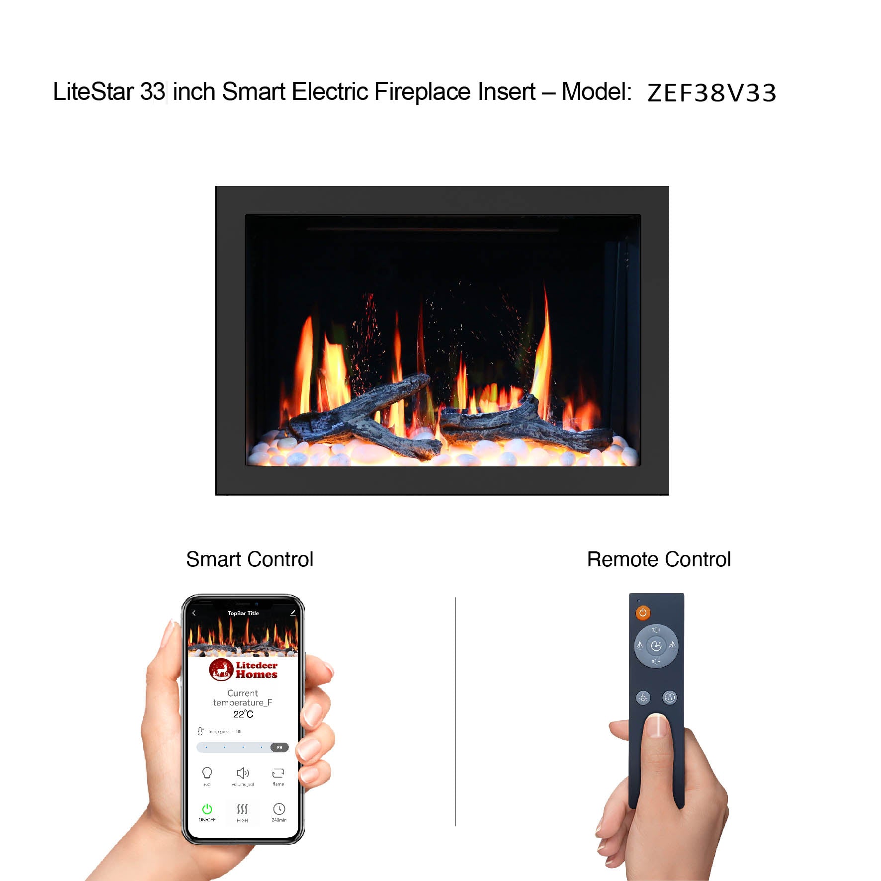 LiteStar 33" Smart Electric Fireplace Insert with App Driftwood Logs & River Rock (ZEF38VC-33)