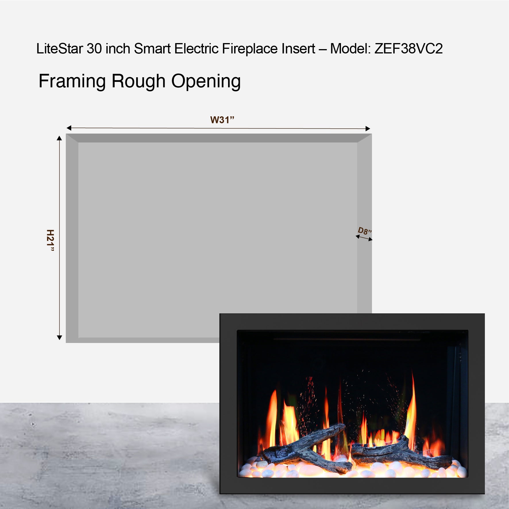 Litedeer Homes LiteStar 30 Inch 7/8 Inch Smart Electric Fireplace Inserts Black - ZEF38VCII