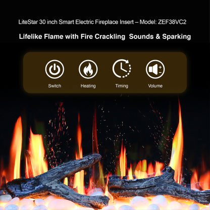 Litedeer Homes LiteStar 30 Inch 7/8 Inch Smart Electric Fireplace Inserts Black - ZEF38VCII