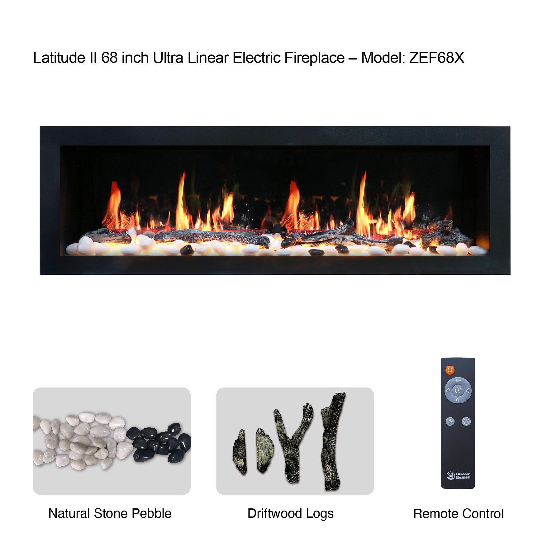 Litedeer Homes Latitude II 68" Smart Electric Fireplace with APP Driftwood Log & River Rock - ZEF68X