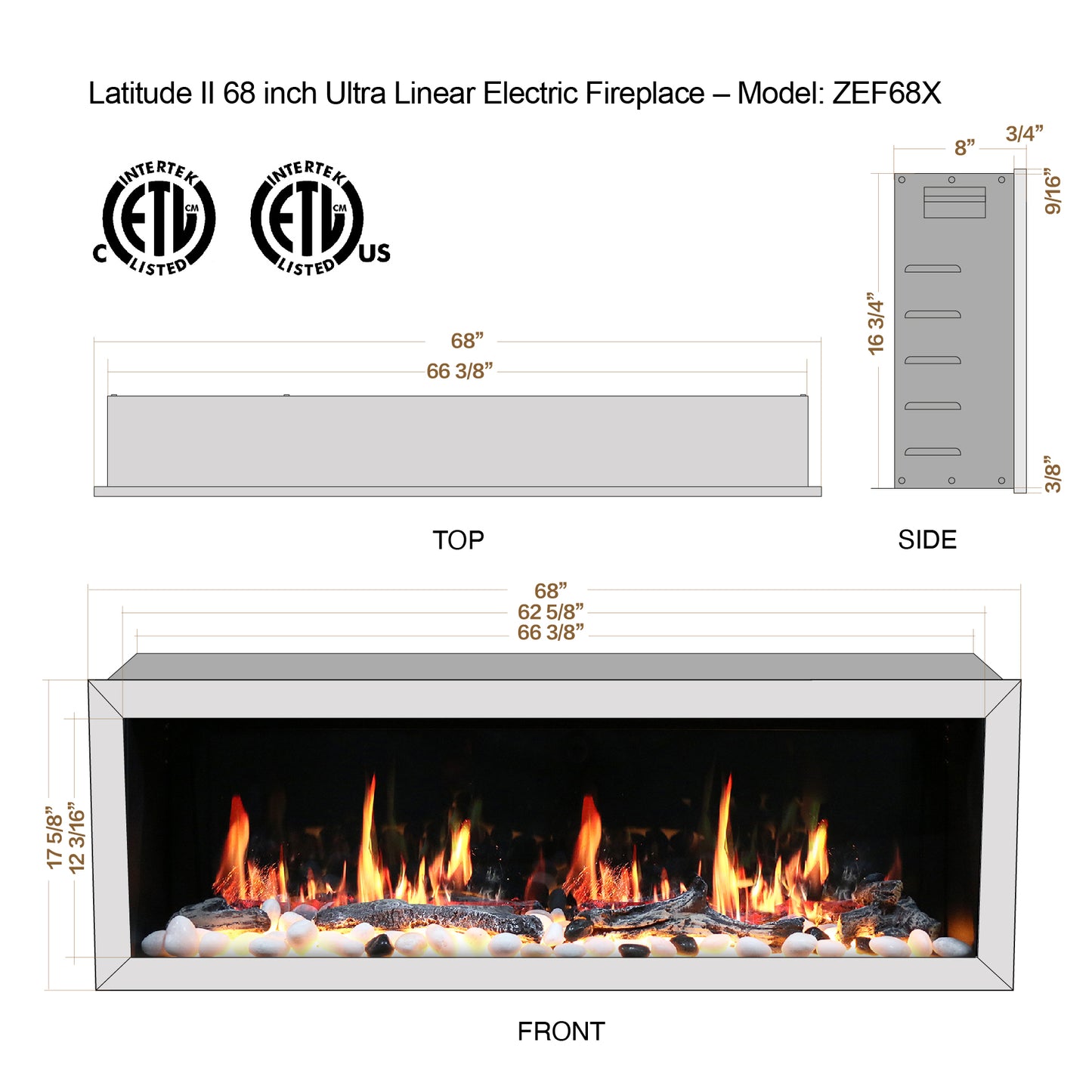 Litedeer Homes Latitude II 68" Smart Electric Fireplace with APP Driftwood Log & River Rock - ZEF68X