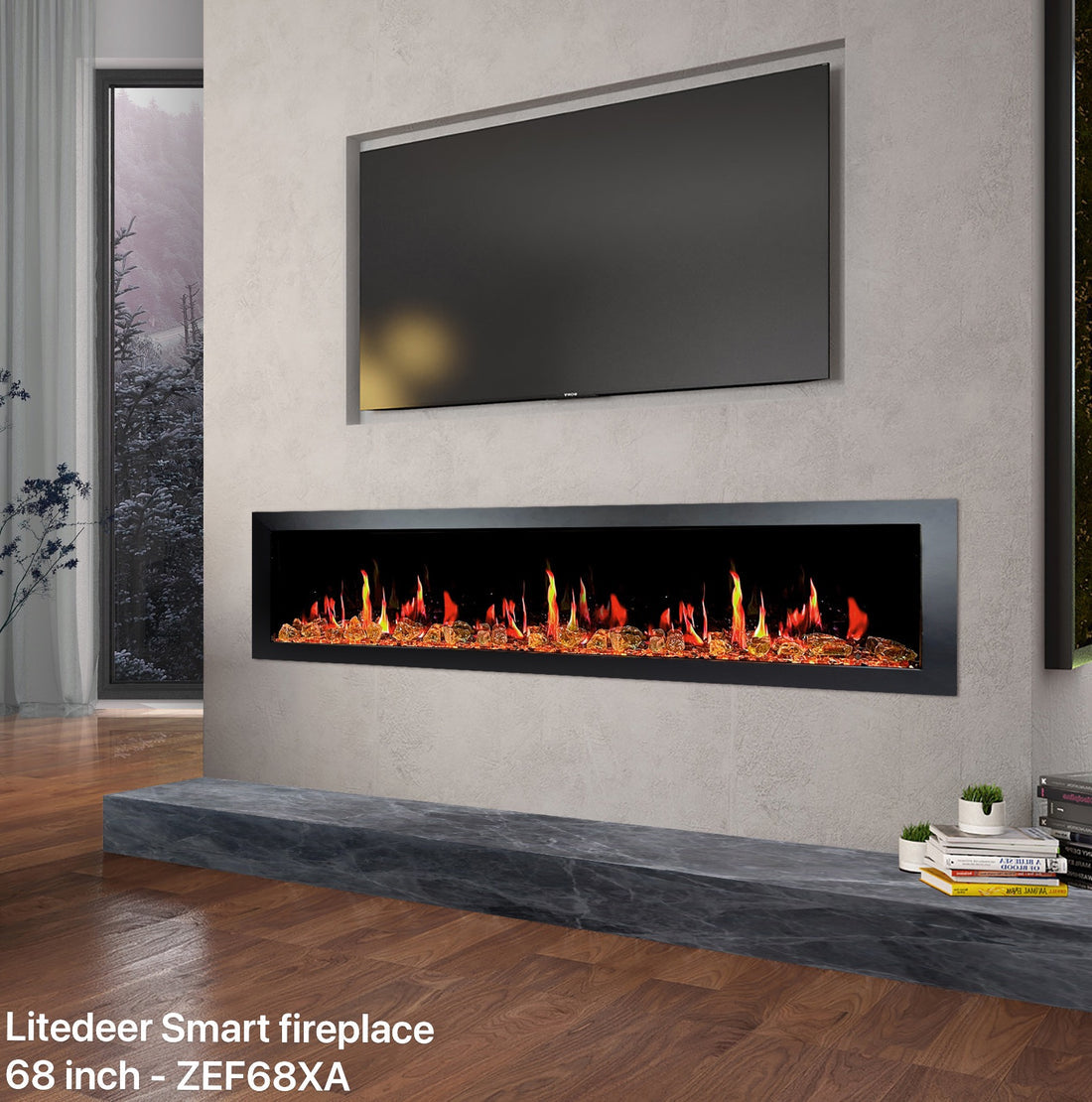 Litedeer Homes Latitude II 68" Smart Wall Mounted Electric Fireplace with Reflective Amber Glass - ZEF68XA