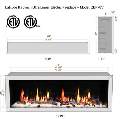 Litedeer Homes Latitude II 78" Smart Wall Mount Electric Fireplace with App Driftwood Log & River Rock - ZEF78V