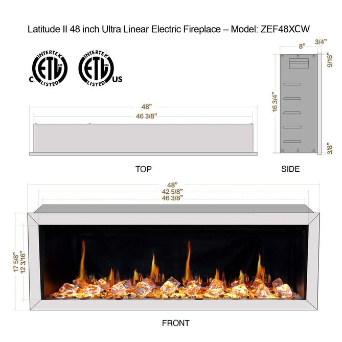 Litedeer Homes Gloria II 48" Smart Electric Fireplace with App Diamond - like Crystal - ZEF48XCW, White - Terrace Level