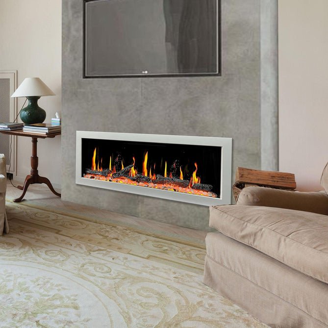 Litedeer Homes Gloria II 48" Wall Mount Electric Fireplace Smart App Control, 5 Unique Realistic Flames, and Elegant Design with Driftwood Log & River Rock - ZEF48XW, White - Terrace Level