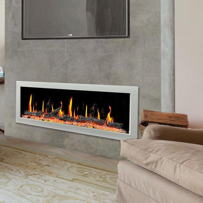 Litedeer Homes Gloria II 48" Wall Mount Electric Fireplace Smart App Control, 5 Unique Realistic Flames, and Elegant Design with Driftwood Log & River Rock - ZEF48XW, White - Terrace Level