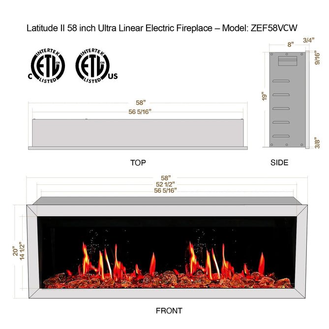 Litedeer Homes Gloria II 58" Smart Electric Fireplace with App Diamond - like Crystal - ZEF58VCW, White - Terrace Level