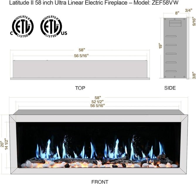 Litedeer Homes Gloria II 58" Smart Electric Fireplace with App Driftwood Log & River Rock - ZEF58VW White Fireplace - Terrace Level