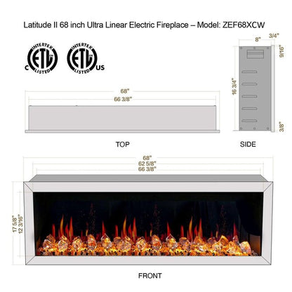 Litedeer Homes Gloria II 68" Smart Electric Fireplace with APP Diamond - like Crystal - ZEF68XCW, White - Terrace Level