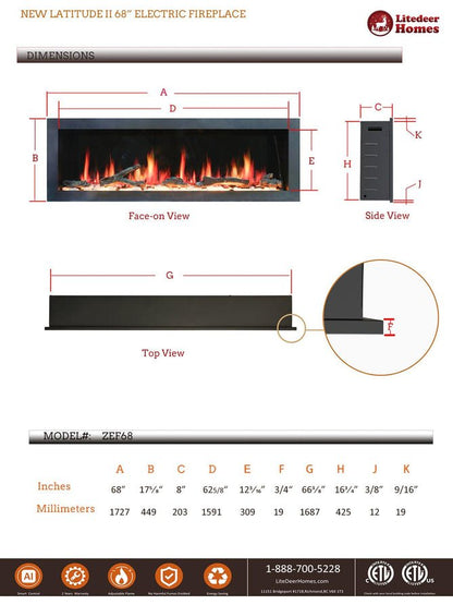 Litedeer Homes Gloria II 68" Smart Electric Fireplace with App Driftwood Log & River Rock - ZEF68XS, Silver - Terrace Level