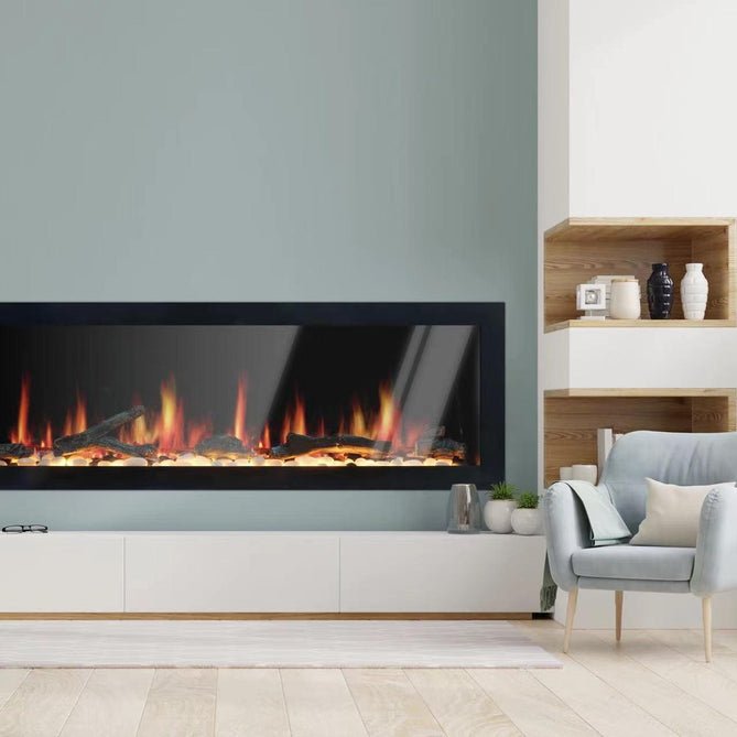 Litedeer Homes Gloria II 68" Smart Electric Fireplace with App Driftwood Log & River Rock - ZEF68XS, Silver - Terrace Level