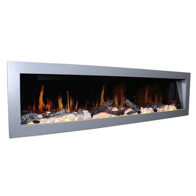 Litedeer Homes Gloria II 68" Smart Electric Fireplace with App Driftwood Log & River Rock - ZEF68XS, Silver - Terrace Level