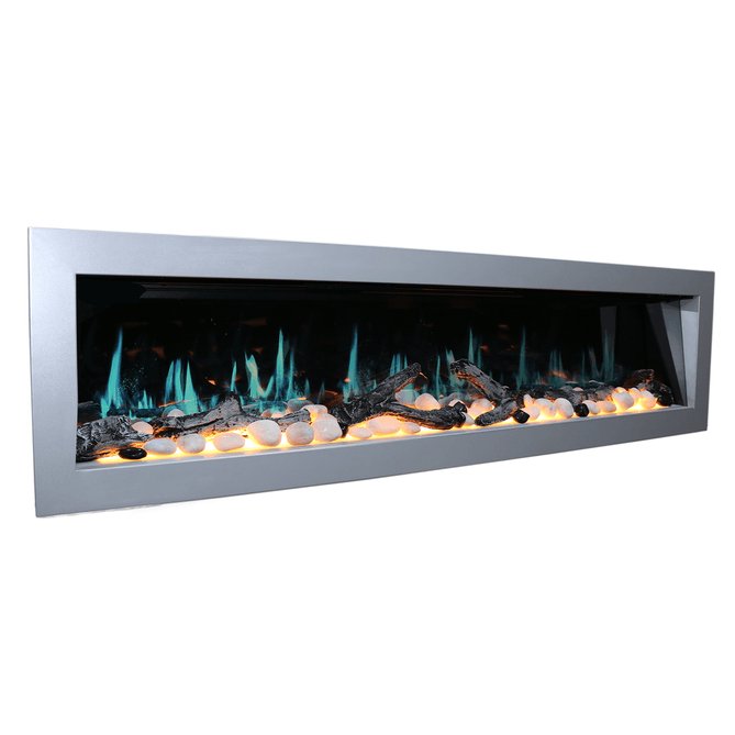 Litedeer Homes Gloria II 68" Smart Electric Fireplace with App Driftwood Log & River Rock - ZEF68XS, Silver - Terrace Level