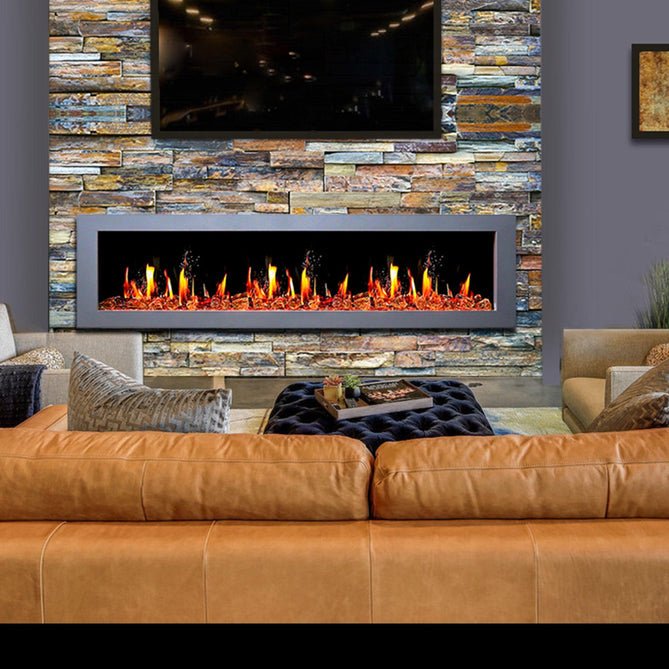 Litedeer Homes Gloria II 68" Smart Electric Fireplace with App Driftwood Log & River Rock - ZEF68XS, Silver - Terrace Level