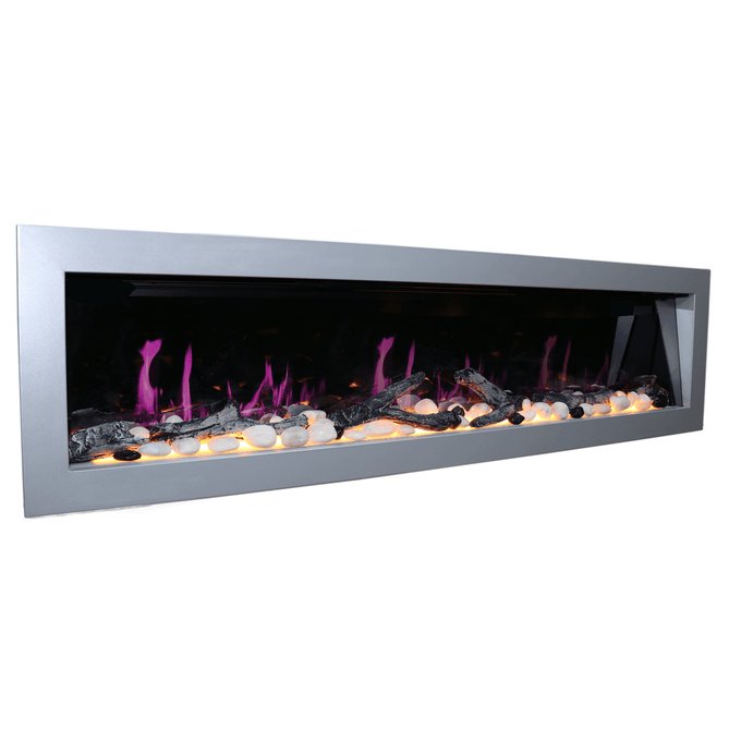 Litedeer Homes Gloria II 68" Smart Electric Fireplace with App Driftwood Log & River Rock - ZEF68XS, Silver - Terrace Level