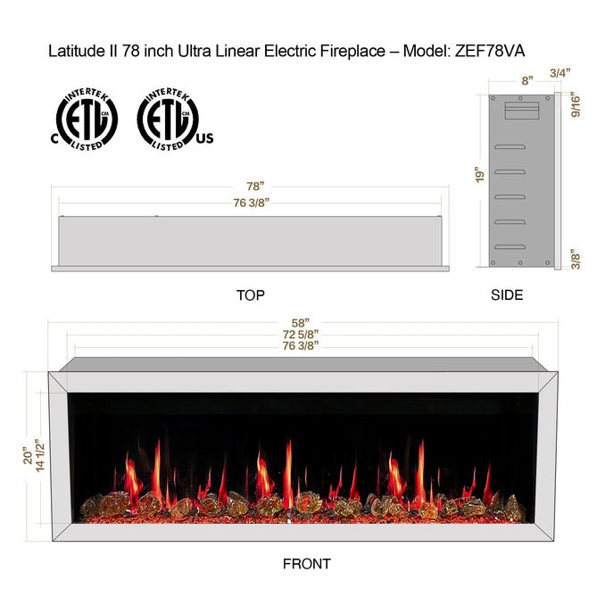 Litedeer Homes Gloria II 78" Smart Electric Fireplace With App Diamond - like Crystal - ZEF78VCW, White - Terrace Level