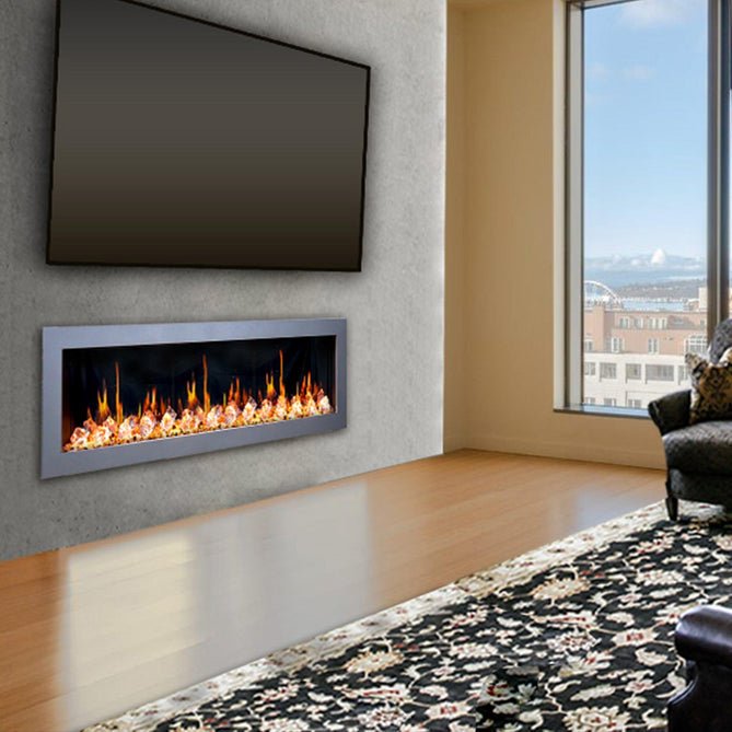 Litedeer Homes Gloria II 78" Smart Electric Fireplace with App Driftwood Log & River Rock - ZEF78VS, Silver - Terrace Level