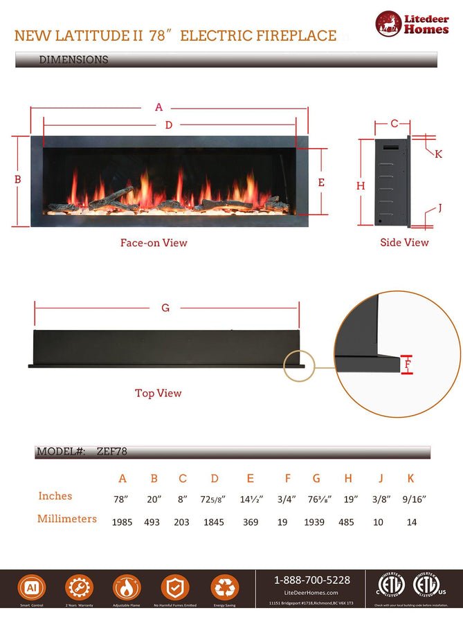 Litedeer Homes Gloria II 78" Smart Electric Fireplace with App Driftwood Log & River Rock - ZEF78VS, Silver - Terrace Level