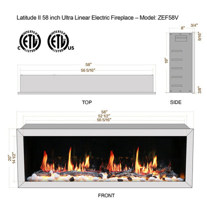 Litedeer Homes Latitude II 58" Smart Wall Mount Electric Fireplace with App, Driftwood Logs & River Rocks - ZEF58V