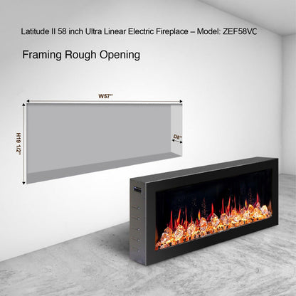 Litedeer Homes Latitude II 58" Smart Wall Mount Electric Fireplace with app Diamond-like Crystal - ZEF58VC, Black