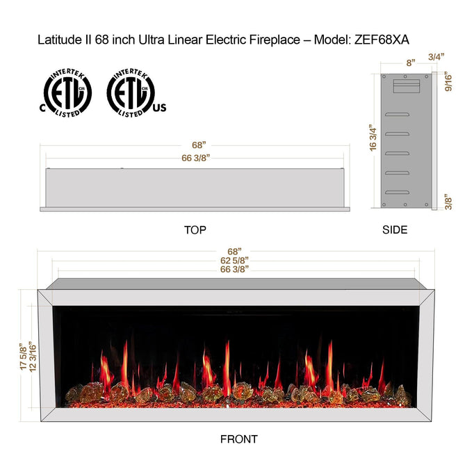 Litedeer Homes Latitude II 68" Smart Wall Mounted Electric Fireplace with Reflective Amber Glass - ZEF68XA