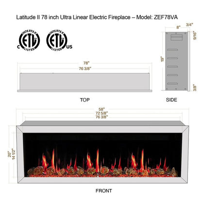 Litedeer Homes Latitude II 78 inch Wifi Smart Electric Fireplace with crackling - ZEF78VA - Terrace Level