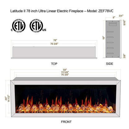 Litedeer Homes Latitude II 78" Smart Wall Mount Electric Fireplace with App Diamond - like Crystal - ZEF78VCW - Terrace Level