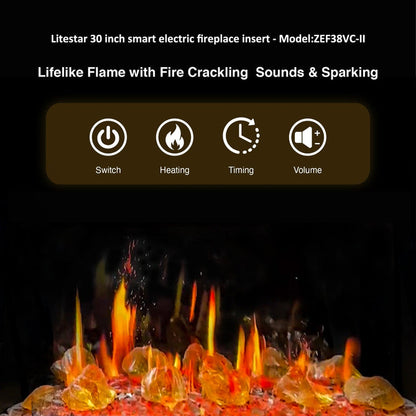 LiteStar 30" Smart Electric Fireplace Insert with App Reflective Amber Glass (ZEF38VC-30A)