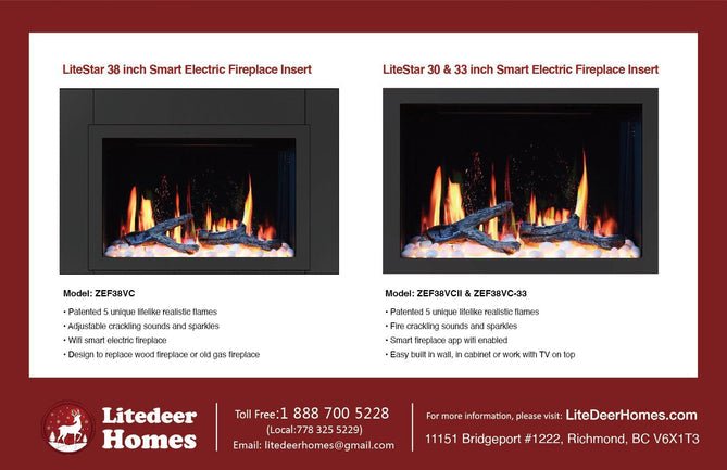 LiteStar 33 inch Smart Electric Fireplace Insert with App Diamond - like Crystal (ZEF38VC - 33C) - Terrace Level