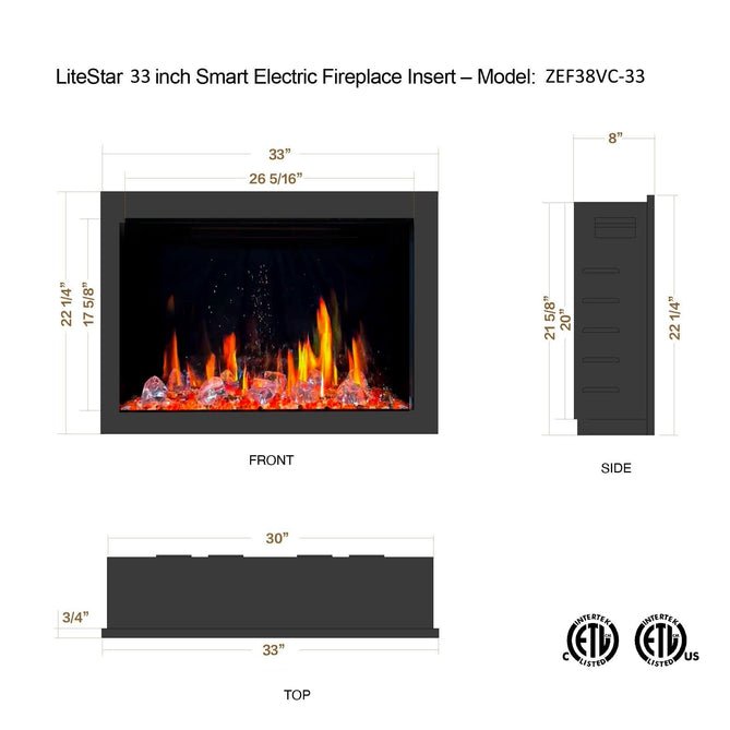 LiteStar 33" Smart Electric Fireplace Insert with App Reflective Amber Glass, Crackling Sounds (Model: ZEF38VC - 33A), Black - Terrace Level