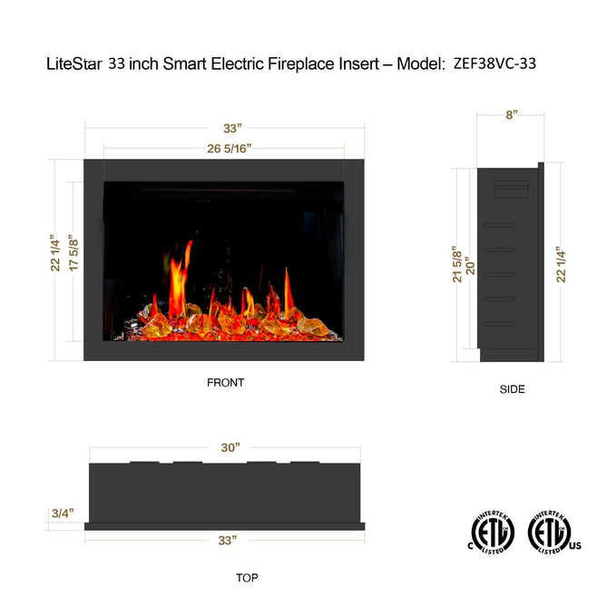 LiteStar 33" Smart Electric Fireplace Insert with App Reflective Amber Glass, Crackling Sounds (Model: ZEF38VC-33A), Black