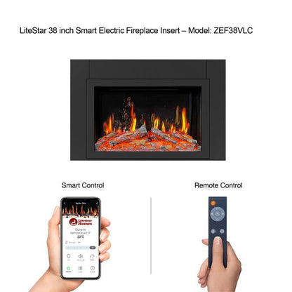 LiteStar 38 - in Wall Mounted Electric Fireplace Insert with Smart App 5 Unique Flame Crackling Sounds - ZEF38VC,Black - Terrace Level