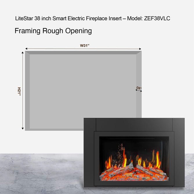 LiteStar 38 - in Wall Mounted Electric Fireplace Insert with Smart App 5 Unique Flame Crackling Sounds - ZEF38VC,Black - Terrace Level