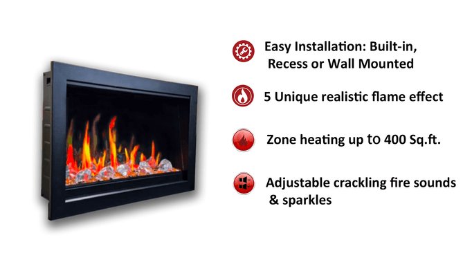 LiteStar 38 - in Wall Mounted Electric Fireplace Insert with Smart App 5 Unique Flame Crackling Sounds - ZEF38VC,Black - Terrace Level