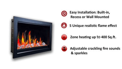 LiteStar 38 - in Wall Mounted Electric Fireplace Insert with Smart App 5 Unique Flame Crackling Sounds - ZEF38VC,Black - Terrace Level