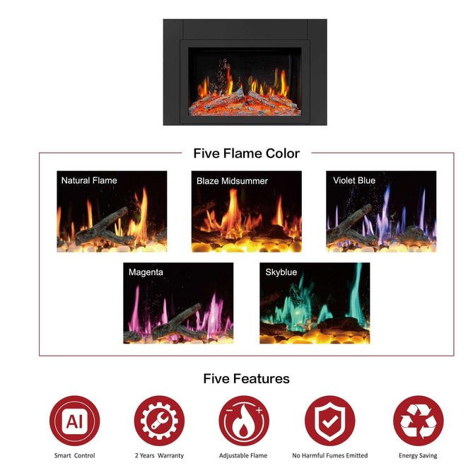 LiteStar 38 - in Wall Mounted Electric Fireplace Insert with Smart App 5 Unique Flame Crackling Sounds - ZEF38VC,Black - Terrace Level