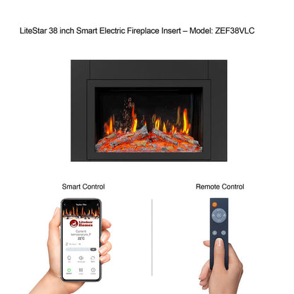 LiteStar 38-in Wall Mounted Electric Fireplace Insert with Smart App 5 Unique Flame Crackling Sounds - ZEF38VC,Black