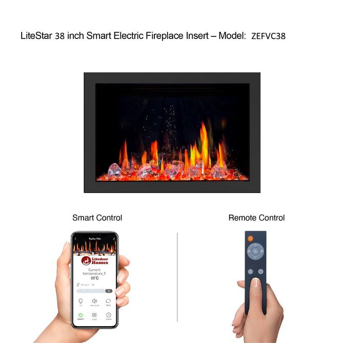 LiteStar 38 inch Smart Electric Fireplace Insert with App Diamond - like Crystal - (ZEF38VC - C) - Terrace Level