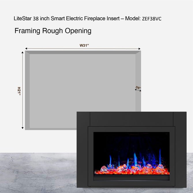 LiteStar 38 inch Smart Electric Fireplace Insert with App Diamond - like Crystal - (ZEF38VC - C) - Terrace Level