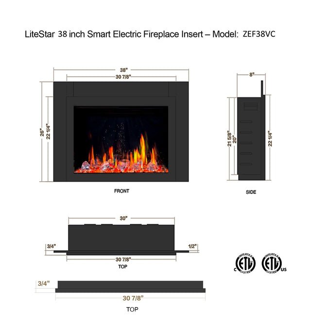 LiteStar 38 inch Smart Electric Fireplace Insert with App Diamond - like Crystal - (ZEF38VC - C) - Terrace Level