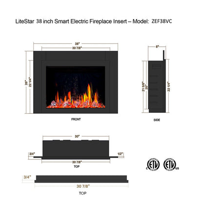 LiteStar 38 inch Smart Electric Fireplace Insert with App Diamond-like Crystal - (ZEF38VC-C)